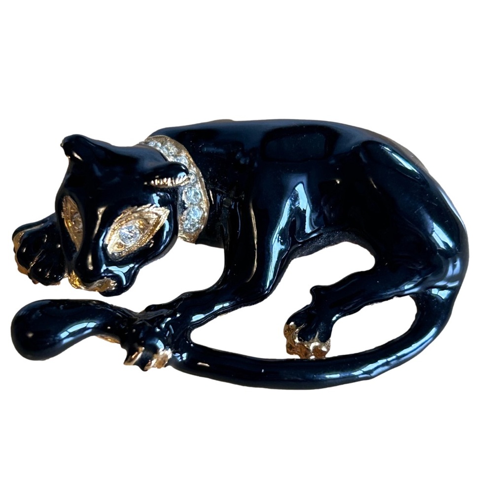 Black Panther Brooch Pin Enamel with 10 Crystals